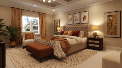 Luxurious autumnal bedroom design, interior render