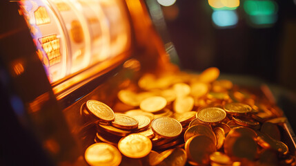Close-up of slot machine payout with gold coins spilling out