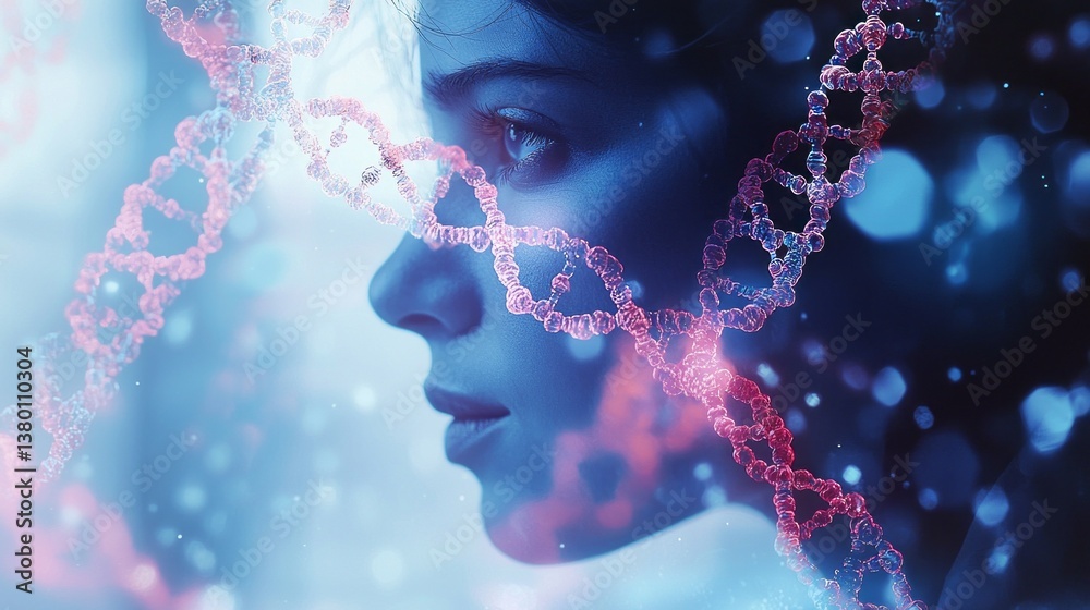 Poster in a modern laboratory, a focused scientist studies dna structures, conducting complex experiments. 