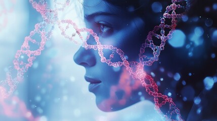 In a modern laboratory, a focused scientist studies DNA structures, conducting complex experiments. Surrounding her are state-of-the-art equipment and a captivating atmosphere of discovery