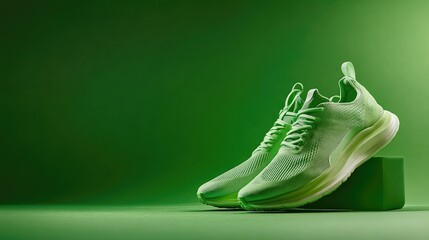 A single pair of green running shoes on a monochrome green background, fresh and sporty.