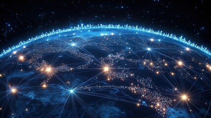 The blue technology network earth shows the digital world of global interconnection, full of futuristic sense