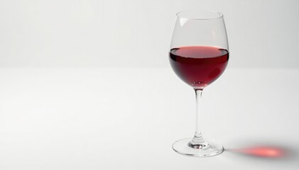 Elegant glass of red wine on a stark white surface, red liquid, alcohol
