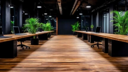 Obraz premium Modern minimalist office interior with long wooden desks, potted plants, and dark hardwood floors. Dark lighting and industrial elements are present.