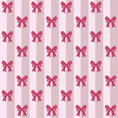 Bold pink bow seamless pattern with vertical pastel stripes. Playful and feminine design, perfect for clothing, stationery, textiles, gift wrapping, and elegant decorative prints.