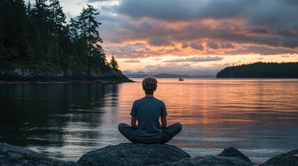 A person meditating peacefully while observing a scenic sunset