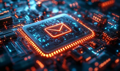 Close-up of a glowing email icon on a computer chip, symbolizing digital communication and technology