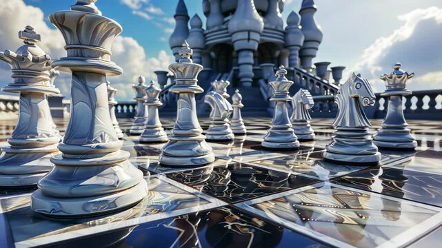 Chess pieces with intricate designs are set up on a reflective board in front of a stunning castle against a clear sky