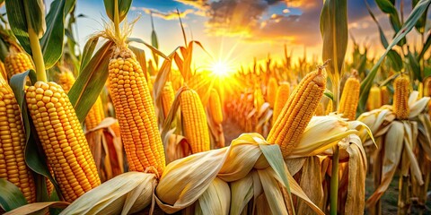 Golden summer cornfield, ripe ears bursting, abundant harvest.