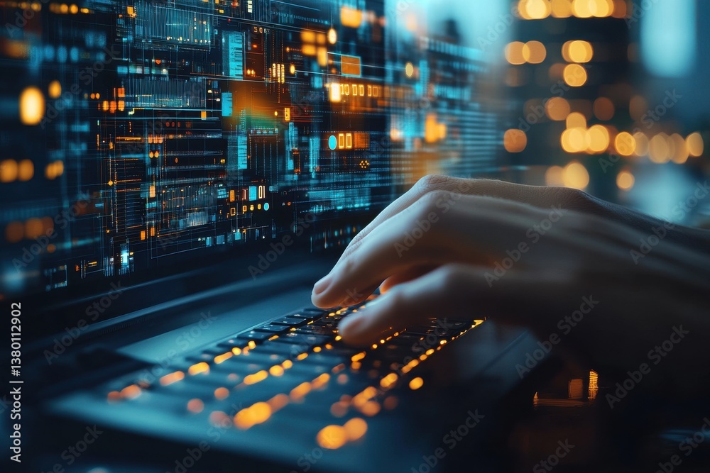 Wall mural hands typing on a computer in a modern digital workspace