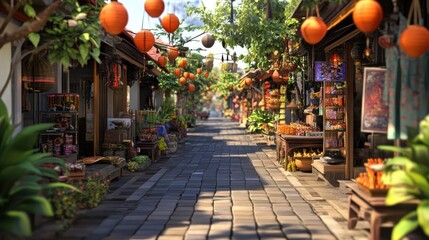 Sunny Asian market street, vibrant shops, lanterns, tourism