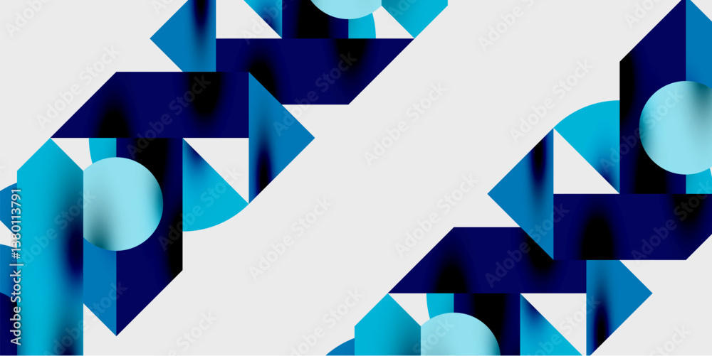 Poster abstract geometric shapes, blue gradients, white background. triangles, circles create dynamic compo