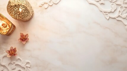 Golden lanterns and flowers arranged elegantly on marble surfaces