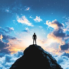 Silhouette of a person standing on a mountain peak at sunset, overlooking a sea of clouds and a vibrant sky.