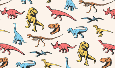 Vector childish seamless pattern with cartoon dinosaurs. Ideal for baby clothes, textiles, wallpaper, wrapping paper. Fun and lively dinosaur character repeat design. © caner