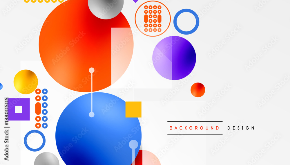 Poster Colorful shapes overlap. Circles, squares, lines create abstract composition. Vibrant hues, modern design, simple geometry.