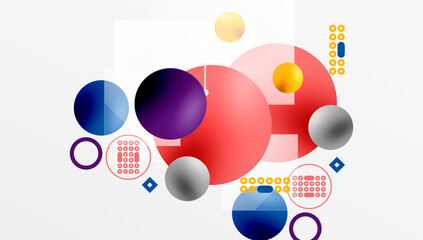 Abstract composition. Circles, squares, dots create dynamic visual experience. Red, blue, purple, yellow tones dominate. Modern design.