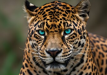 Obraz premium Majestic Jaguar Portrait Stunning Blue Eyes, Detailed Spots, Wildlife Close-up, Wild Cat, Feline Beauty.