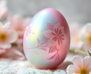 Macro shot of a floral-engraved Easter egg with a soft pastel gradient and pearlescent shine. Generative AI