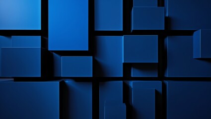 A modern luxury abstract composition of deep blue squares and black rectangles, arranged in a minimalist grid pattern