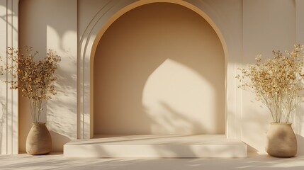 A modern minimalist interior design scene with architectural features