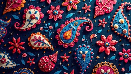 Intricate paisley pattern in rich jewel tones , textile, art