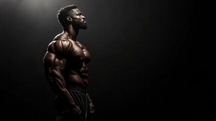 Fototapeta premium Bodybuilder showcasing muscle definition under dramatic lighting against a black background
