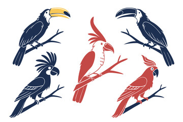 set of Toucan Cockatoos with tree branch silhouette vector illustration