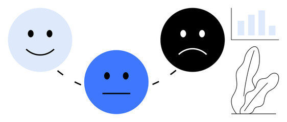 Happy, neutral, and sad faces connected by dashed lines, bar chart, and plant element. Ideal for mood analysis, feedback systems, emotions, decision-making mental health productivity