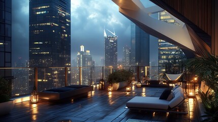Obraz premium A sleek rooftop patio in a city apartment