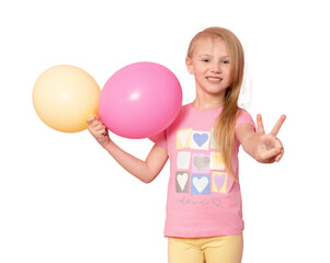 Pretty little girl with colorful balloons on transparent background. PNG transparent.