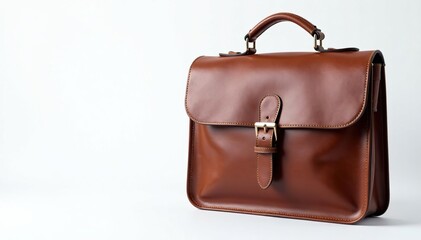 Brown leather satchel, pristine white backdrop, leather bag, retro