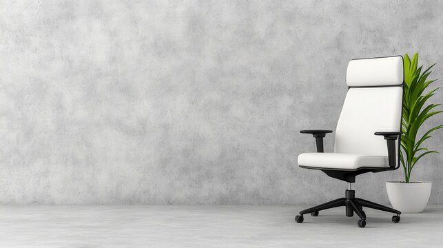 White office chair against a concrete wall, with a small potted plant.