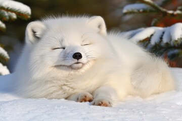 A fluffy Arctic fox rests peacefully in the snow, showcasing its soft white fur and serene expression in a winter landscape.