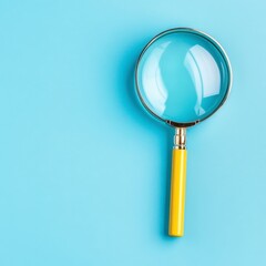 Yellow handled magnifying glass on a light blue background. Clean, simple, and minimalist.