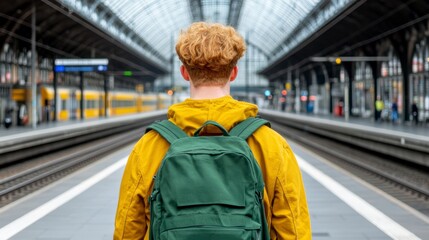 Young man with a backpack stands on a train platform, looking towards the tracks. Bright lighting, urban setting.