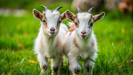 Obraz premium Adorable Baby Goats on Montrose, Colorado Farm - Summer Pasture Closeup