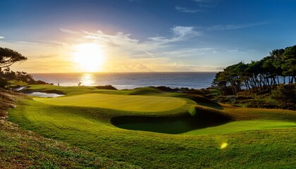 A scenic landscape featuring a lush green golf course with sand bunkers