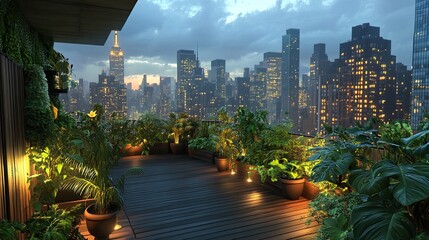 Fototapeta premium A sprawling city apartment garden terrace with a mix of lush greenery and wood paneling