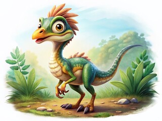 Obraz premium Adorable Cartoon Compsognathus Dinosaur, Fantasy Creature, White Background
