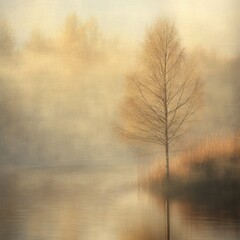 Obraz premium A lone tree stands beside calm water in soft light