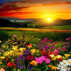 Gorgeous sunrise vivid colors and flowers, generation AI 