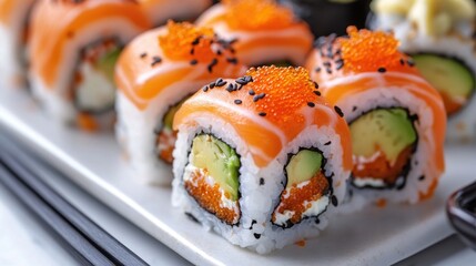Delicious Salmon Sushi Rolls Garnished with Tobiko and Black Sesame Seeds
