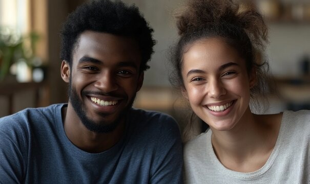 Two millennial happy couple chatting in video call talking and greetings at the start and final. Mixed race diverse smiling young people look at web camera laughing using video conferencing at,