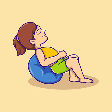 Woman cartoon character is doing exercise using a gym ball