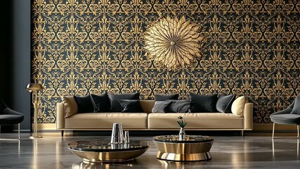 Luxurious Living Room with Gold and Black Damask Wallpaper