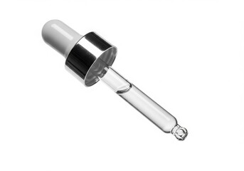 Close up of a clear glass dropper with a silver collar and a white bulb on a white background