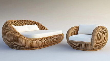 Two rattan furniture sets on a beige background, presenting a comfortable and casual home atmosphere