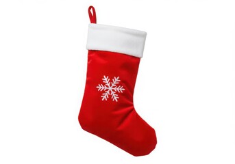 Isolated christmas stocking red with white trim and snowflake design on a white background view