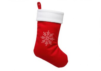 Isolated red christmas stocking with white cuff and snowflake design on a white background